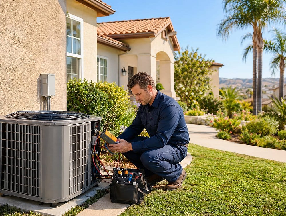 AC repair cost Orange County CA - Cool Air Tech technician servicing residential air conditioner
